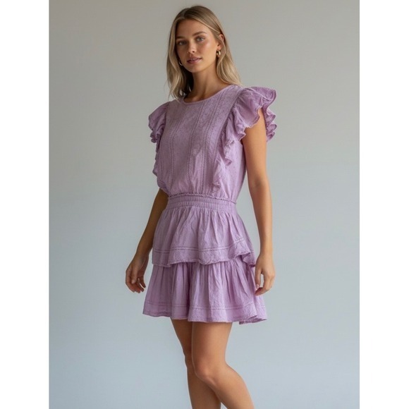 LoveShackFancy Natasha Wisteria Lavender Small Cotton Ruffle Mini Dress - Picture 2 of 13